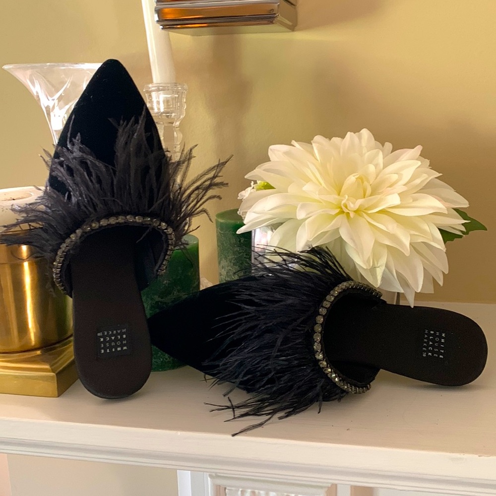 WHBM black feather mules embellished with glamorous rhinestones. Size 7M